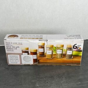 NEW Crofton 6 Pack Spice Jars w/ Bamboo Lids 4oz Glass Shaker Bottles w/ Labels